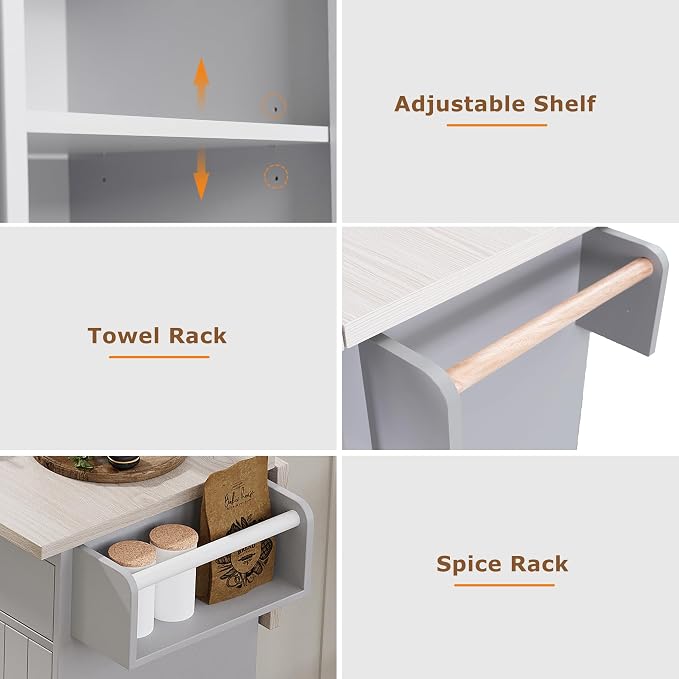 51" Rolling Kitchen Island with Storage - Kitchen Island on Wheels with Trash Can and Drop Leaf, Farmhouse Movable Kitchen Storage Islands & Carts with Towel Rack, Spice Rack, Grey