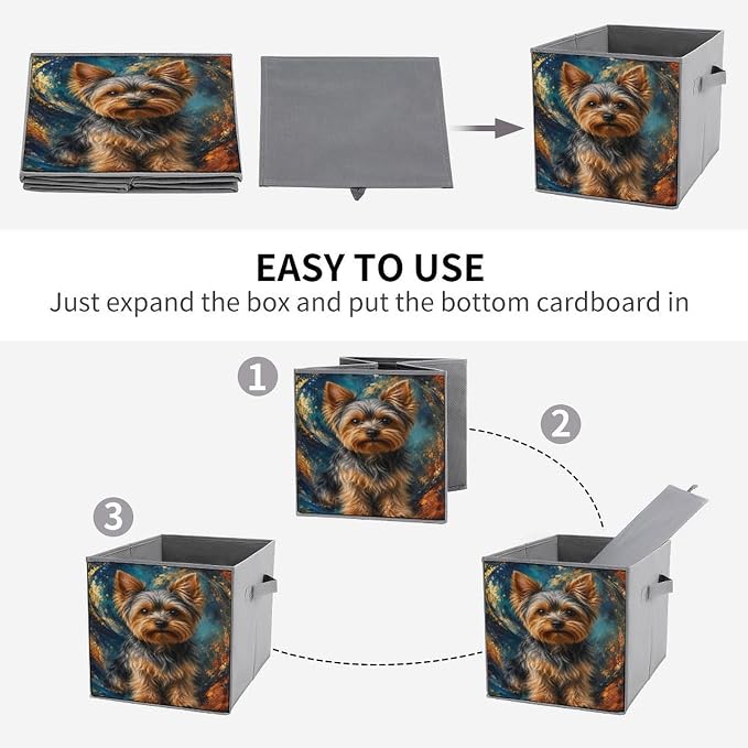 Yorkie Dog Art Print Storage Bin with Handles, Oxford Fabric Foldable Storage Cube Organizer for Clothes, Towels, Bedroom, Living Room, Home Organization