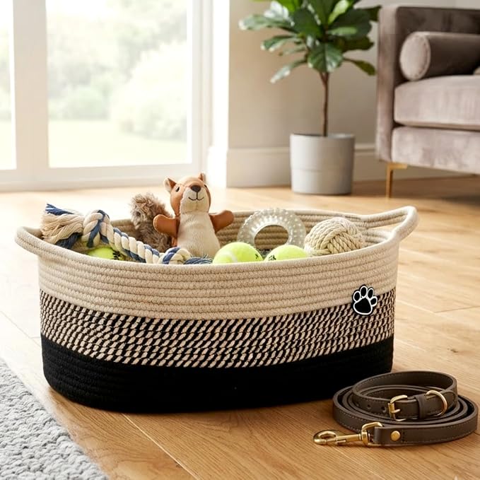 Dog Toys Storage Basket | Toy Box for Dog & Cat | 30L Woven Cotton Rope Bin, Cutout Handles, Pet-Safe | Organizer for Chew Toys, Blankets leashes, Toy holder | Foldable & Washable