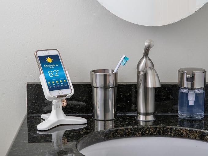 WeatherTech DeskFone Two View in White - Adjustable, Universal Cell Phone Holder Mount Stand for Desk, Counter, Table - Tripod Design for iPhone & Smartphone Charging - White Plastic Knobs