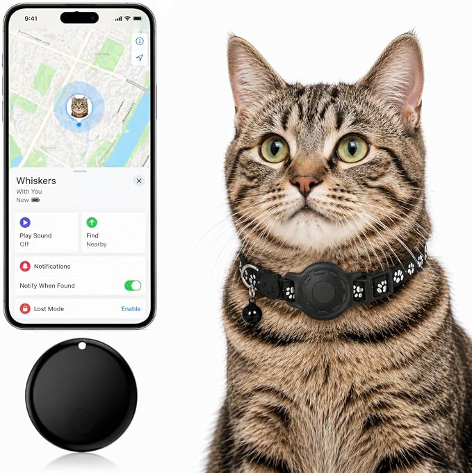 Cat Collar (iOS Only) - Pet Tracker Compatible with Apple Find My, Waterproof Smart Tag, No Monthly Fee. Advanced Safety Solution for Small & Large Cats.