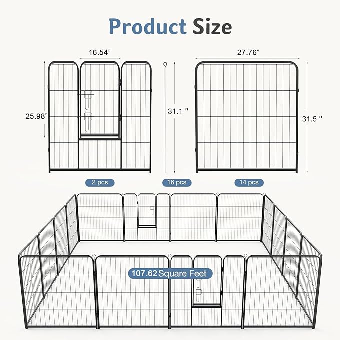 DUMOS Dog Playpen 32 Inch 16 Panels Indoor Outdoor Metal Pet Fence | Foldable Dog Play Pen with Door, Portable Exercise, RV Camping, Puppy Small Medium Dogs