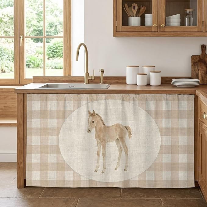 Graceful Pony Cabinet Curtains 28"x51" Sink Skirt for Bathroom Kitchen, Retro Natural Horse Farmhouse Plaid Rustic Self Stick Adhesive Under Desk Covers Tall Laundry Cabinet Storage Organizer