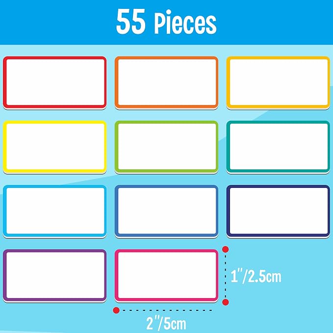 Magnetic Name Tag Label, 55 PCS Dry Erase Reusable Neon Name Stickers Frame in 11 Colors for Whiteboards Locker Fridge School Office Home (Each Measures 2" x 1")
