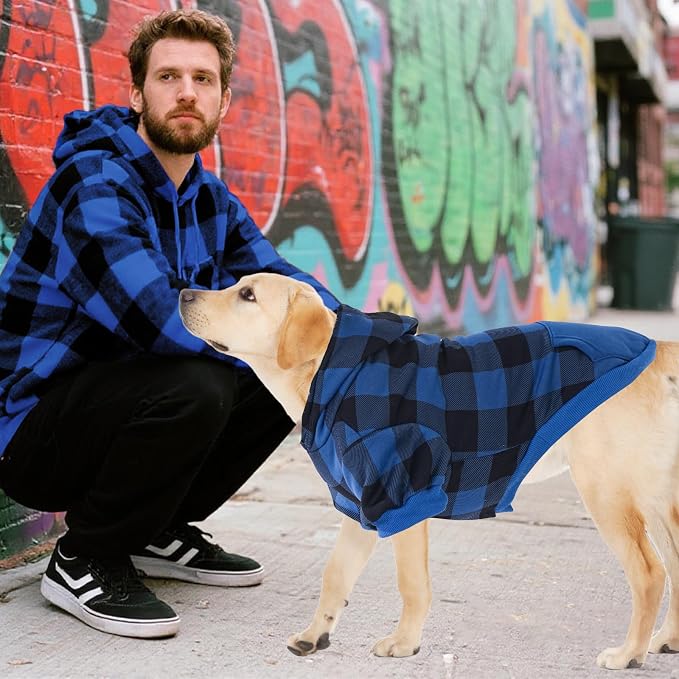 KOOLTAIL Plaid Dog Hoodie Pet Clothes Sweater with Hat and Pocket for Small Medium Large Size Dogs, Soft Winter Warm Dog Cold Weather Coat, Fleece Fall Dog Hooded Sweatshirt for Puppy Cats, Blue L