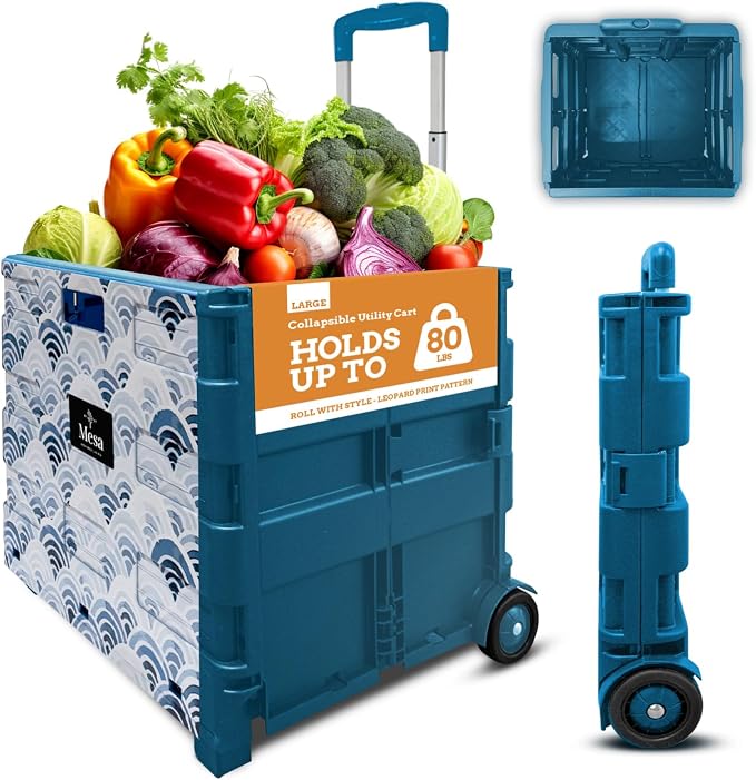Inspired Living Ultra-Slim Rolling Collapsible Storage Pack-N-Roll Utility-carts, with Telescopic Handle, for Home, Garden, Shopping, Office, School use, Large, Blue, Wave Print