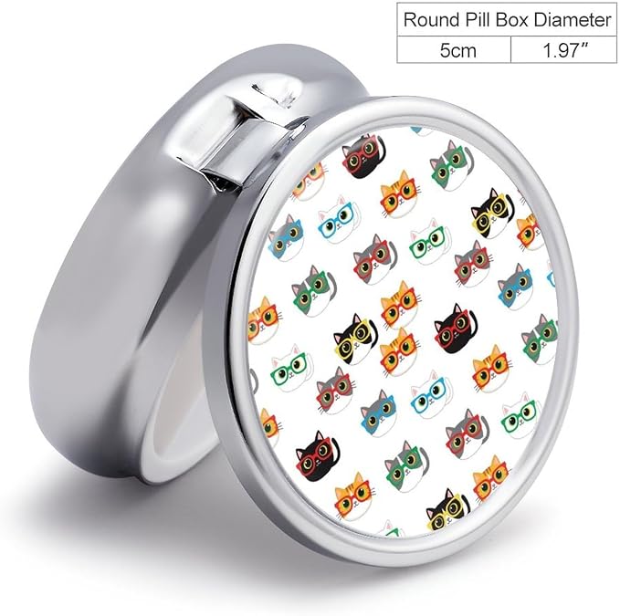 Purse Pill Holder, Cute Cats Animals Pet Cat Lovers Kawaii Round Waterproof Organizer, Compact Case for Vitamins, Travel Pill Box Pocket Use for Active Lifestyles