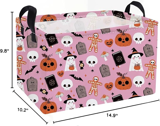 Essme Rectangular Halloween Basket,Pink Storage Bins Organizer with Handles for Room Decor, Gift Basket.(Magic Halloween)