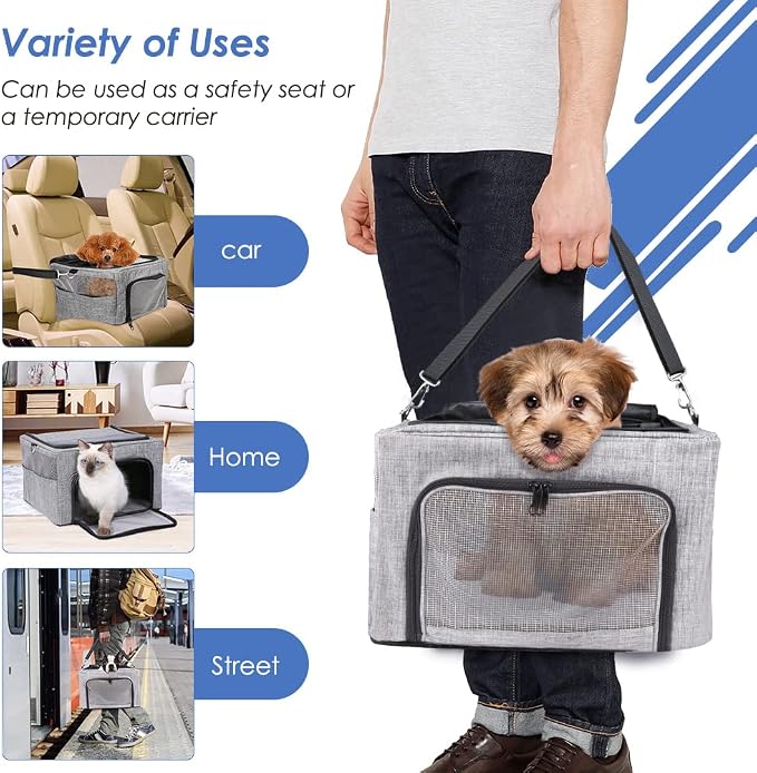 SlowTon Dog Car Seat - with Reinforced Metal Frame for Pets up to 15lbs | Safe Pet Car Seat with Safety Belt & Waterproof Pee Pad & Top Cover, Portable Collapsible Puppy Carrier Bag for Small Dogs