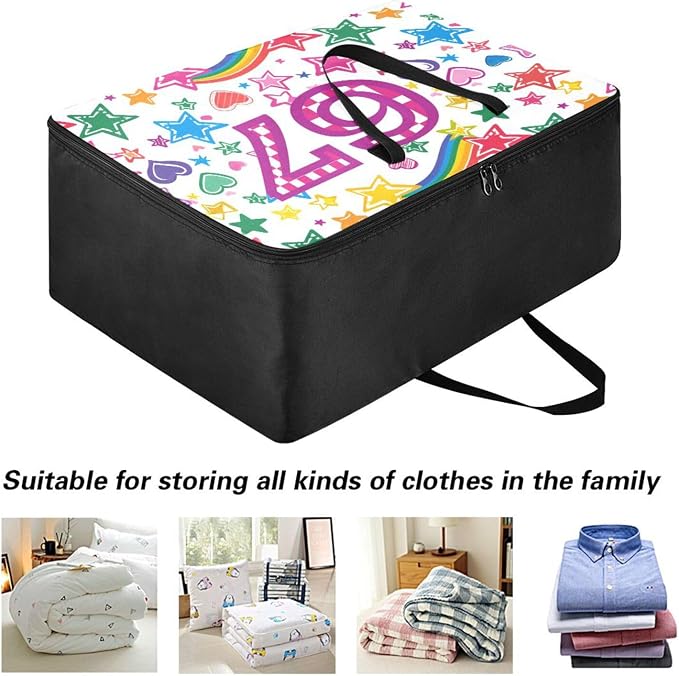 Comforter Storage Bags Large Folding Blanket Organizer Bag with Strong Handles Clear Window Closet Storage Containers for Clothes King Queen Pillows Bedding Quilt Duvet Rainbow Stars Hearts Pin