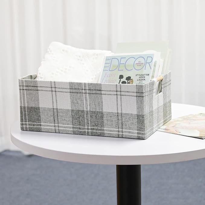 Fabric Storage Box, 13x9in Foldable Cotton Linen Basket with Wooden Handle | Small Rectangular Cube Decorative Home Laundry Organizer Clothes Blanket Container Organizing Clothes Sheet, Light Gray Plaid