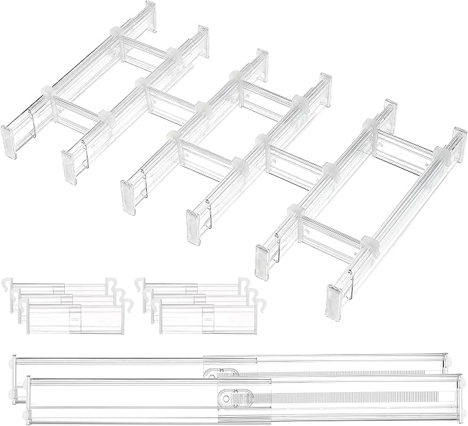 Vtopmart 2.36" Drawer Dividers with Expandable Inserts, 12.8"-22.3", 8 Pack | Adjustable Kitchen Drawer Organizer, Clear Organizer Separator for Flatware, Utensil, Cutlery, 8 Dividers with 14 Inserts