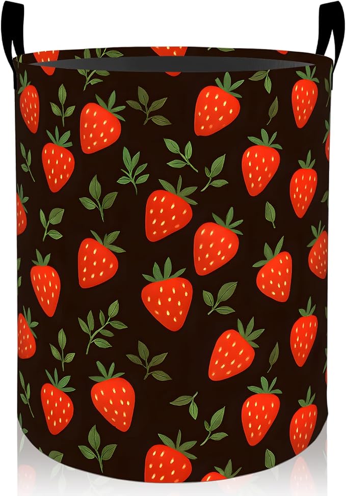 Strawberry Laundry Basket, Berry Leaf Foldable Oxford Cloth, Waterproof Dirty Clothes Hamper with Handles, Clothing Storage Bin Toy Organizer for Bedroom Dorm Bathroom, 19.7"x15.7"