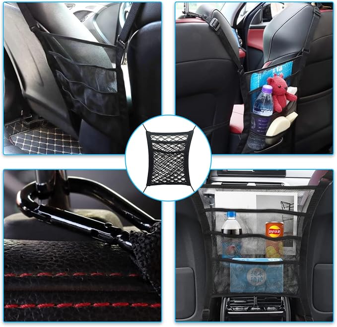 Kewucn 3 Layers Car Mesh Organizer, Four-Side Elasticity Auto Seat Back Net Bag Between Front Seats, Car Net Barrier of Backseat Pet Kids, Tissue Purse Holder, Storage Netting Pouch