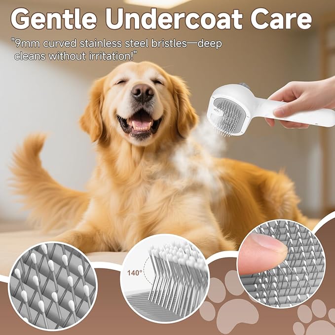 Pet Steam Brush for Dog & Cat - Pet comb leave-inserum for Shedding & Hair Removal - Self Cleaning Spray Comb with Mist for Long Haired Pets - Includes 2*Waterless Shampoo, Grey