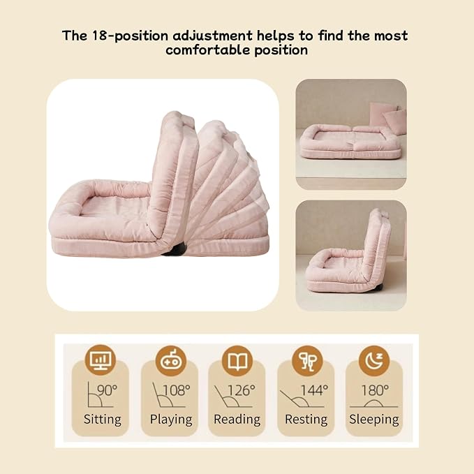 Convertible Fold-Out Lazy Sofa Bed - Adjustable Human Dog Bed for Adults, Plush Upholstered Adjustable Sofa Couch with 18-Position Backrest, 2-Person Floor Sofa Bed, Space Saving Design