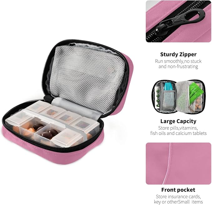 Pill Box 7 Day Pill Case Travel Pill Organizer Bag with Zipper Portable Weekly Case Compact Size for Vitamin Supplement Holder, Solid Color Pink