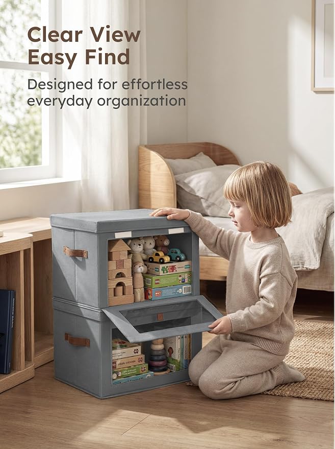 Medium Fabric Storage bins - Collapsible Storage Bins with Open Window, 5 Pack Closet Baskets for Shelves, Stackable Decorative Boxes for Home, Dorm, Grey, 13.7"x 9.8" x 9.8"