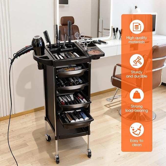 Salon Trolley Cart, 6-Layer Hair Stylist Cart with Wheels,Portable Salon Station Rolling Storage Trolley with Worktop Trays for Barbering or Hairstyling Beauty SPA Tattoo Service (Black)