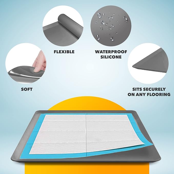 Dog Pee Pad Holder - Fits Up to 24” x 24” Pee Pad - 2 Pack - Dark Grey | Stable Grip, Raised Edges, Quick-Wipe Silicone Surface Dog Potty Tray Holder for Indoor Flooring Protection