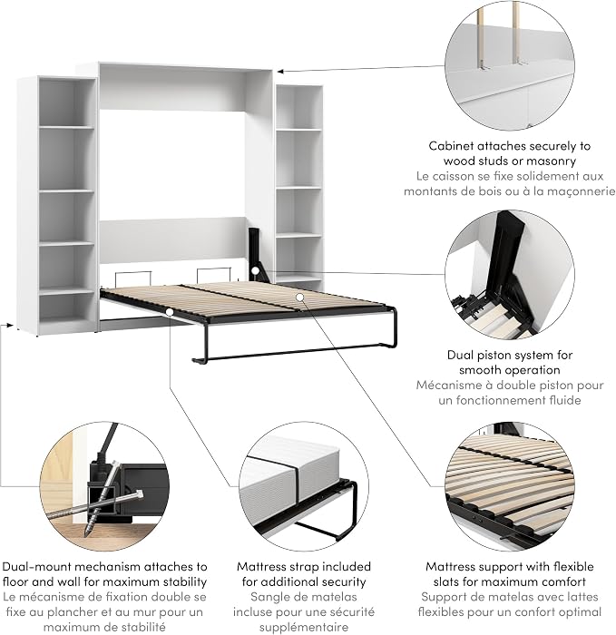 Bestar Queen Murphy Bed with Closet Organizer, White, Claremont, 105W | Closet Organizers; supports up to 1000 lb; min. ceiling height 88 in.; for guest room or multipurpose space; 10-year warranty