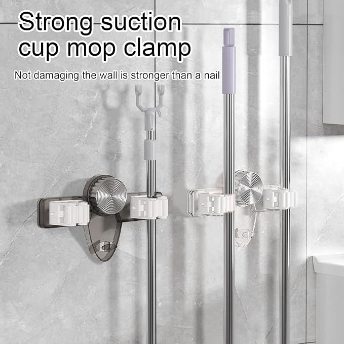 Broom Hanger Organizer, 2025 Upgrade Broom Holder Mop Hanger, No Punching Required Wall Mount Broom and Mop Holder for Laundry Room and Bathroom Kitchen Garage - 3pcs (White)