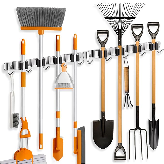 ZONGOOL 2 Pack Mop Broom Holder Wall Mount 4 Racks 5 Hooks Storage Silver | 304 Rustproof Stainless Steel Broom Hanger, Non-Slip Wall Mount Organizer, Space Saving For Kitchen, Laundry, Garden