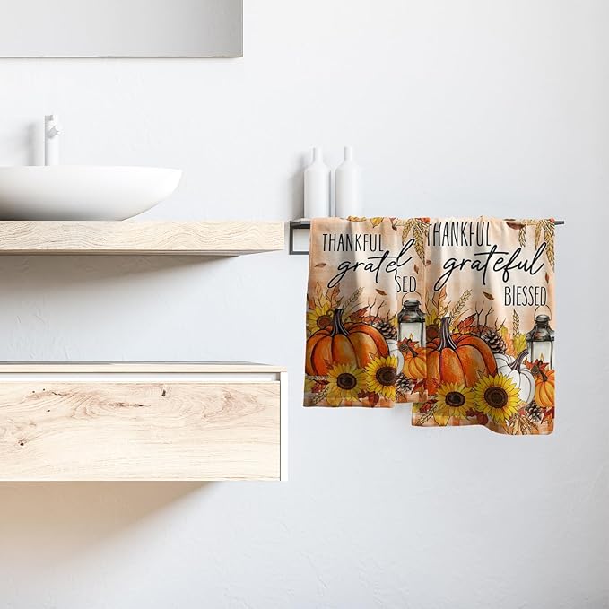 Giwawa Fall Autumn Towel Set of 2 Thankful Grateful Blessed Pumpkins Sunflowers Hand Face Towels Thanksgiving Harvest Soft Microfiber Gym Spa Dish Towel for Bathroom Guest Hotel Season Decor