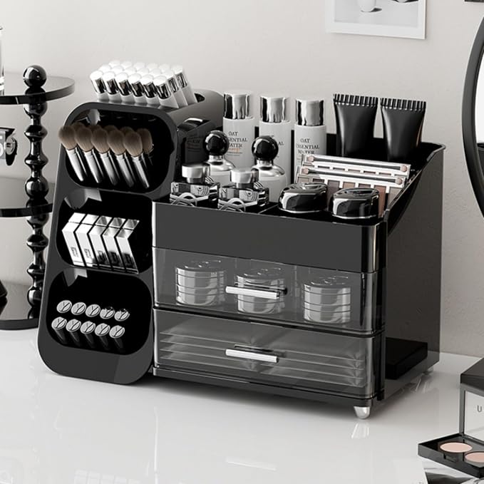 Makeup Organizer with Drawers, Large Capacity Countertop Organizers for Vanity,Bathroom and Bedroom Desk Cosmetics Organizer,Easy To Storage Skincare,Brushes,Lotions,Lipstick (Black)