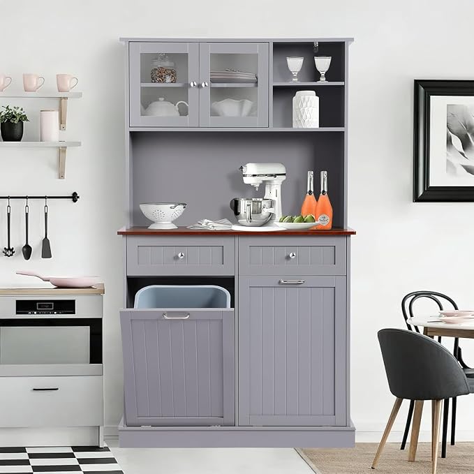 68.4" Kitchen Pantry Storage Cabinet, Freestanding Cupboard with Shelf, 2 Drawers and 2 Tilt Out Trash Cabinet, Tall Cabinets for Kitchen, Dinning Room, Living Room (Elegant Grey, Double Tilt)