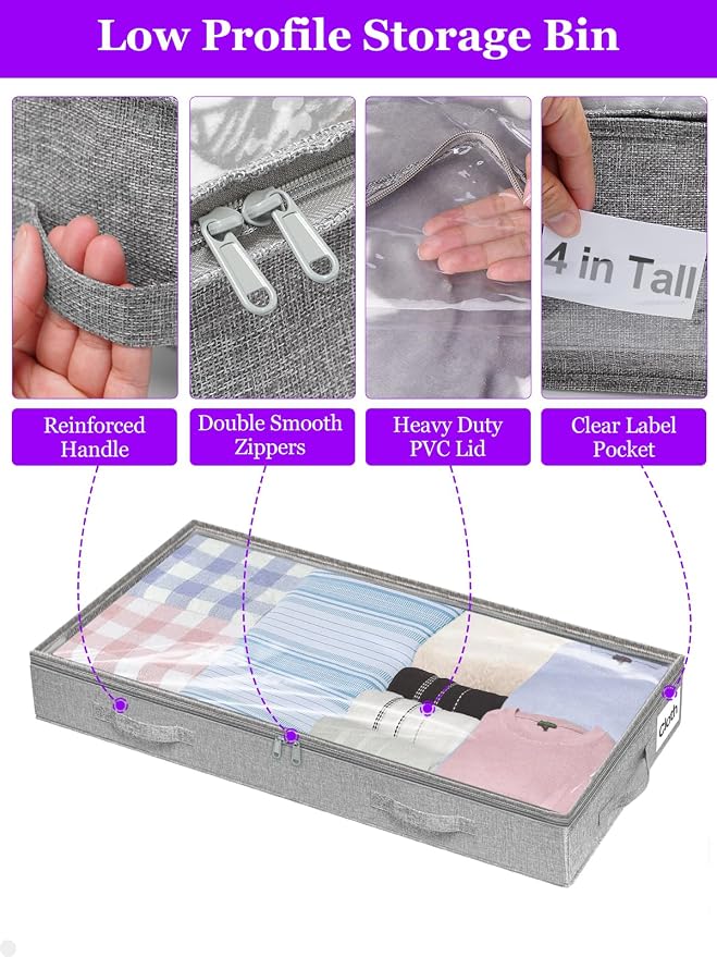 4-in Low Profile Under Bed Storage, No Structure, 2-Pack, Gray | 4" Ultra-Slim, Clear Lid, Reinfoced Handles & Smooth Zips, Dustproof & Waterproof, for Low Bed, Couch, Crib Storage