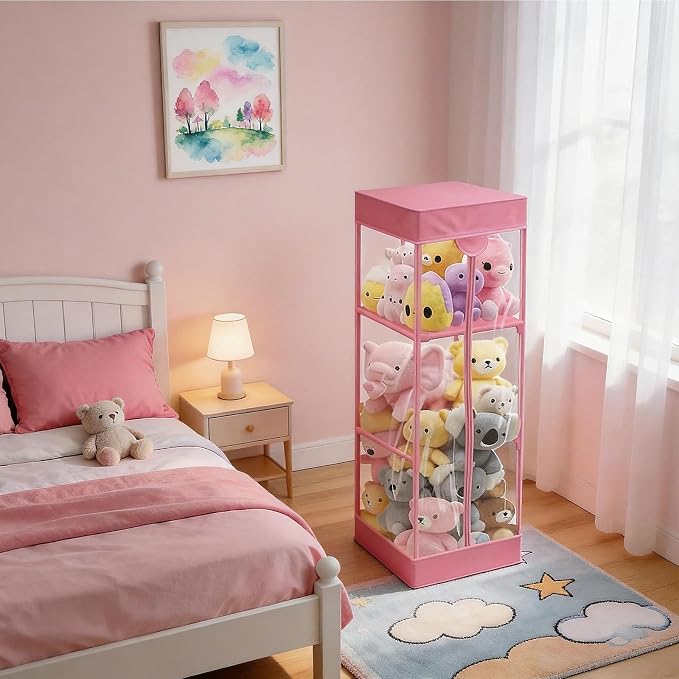 Clear Stuffed Animal Storage Organizer with Zippered Waterproof & Dustproof Cover, Large Stuffed Holder. (Pink, 16.2" L x 16.2" W x 47.2" H)