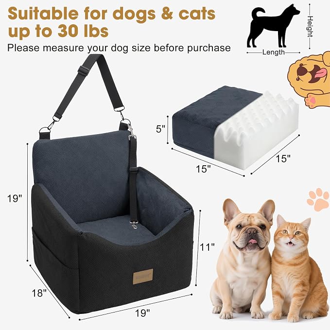 JOEJOY Dog Car Seats for Small Medium Dogs Under 35lbs, Dog Booster Seat with Detachable Washable Cover and Cushion, Memory Foam Pet Car Seat with Safety Belt and Storage Pockets (DG)