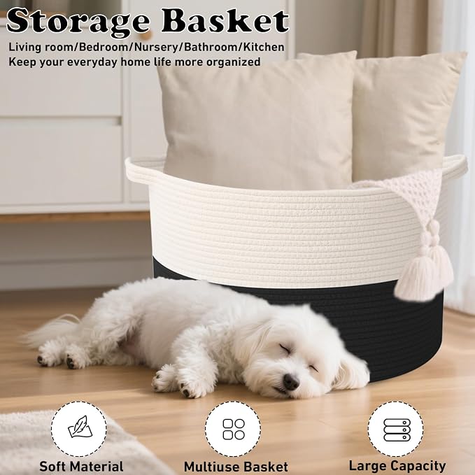 115L Extra Large Blanket Basket,Woven Laundry Basket-White&Black | Collapsible, reinforced handles, nursery storage bin organizes clothes, toys and pillows for living room, bedroom bathroom