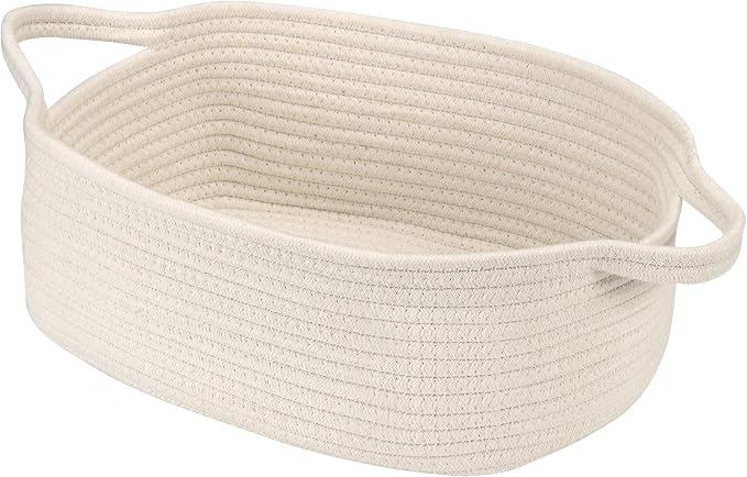 Small Woven Cotton Rope Basket Cute Baby Gift Baskets Empty Decorative Storage for Organizing Shelves Closet Baby Nursery Basket Bin Toy Storage tote Organizer 13.7"x10.2"x 5" Pure White easter