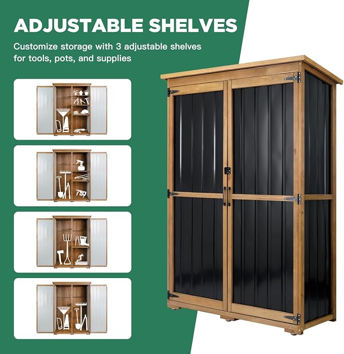 Ketive Outdoor Storage Cabinet, Wood & Metal Storage Shed with Weather-Resistant Roof, Double Lockable Doors, Removable Shelves & Adjustable Feet, for Patio, Backyard, Poolside, 46" x 18" x 68"