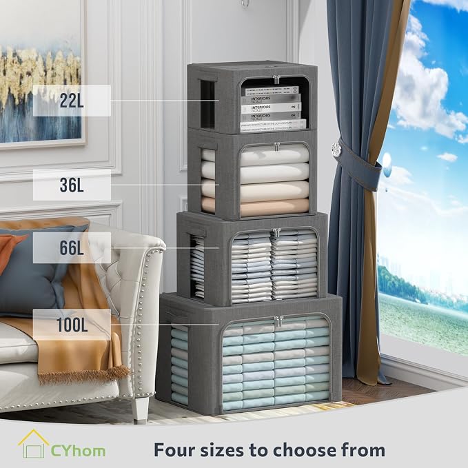 CYhom 3Pack Foldable Storage Bins - Frame Storage Box Linen Fabric Stackable Clothes Container Organizer with Clear Window & Carry Handles Large Capacity (Medium-36L, Dark Gray)