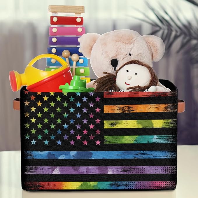 Pardick Flag Basket Storage Bins Rectangle Canvas Basket Cube Storage Box | Nursery Foldable Basket with Handle for Kids Girls Boys Toys Living Room Closet Organizer Shelf Gifts Camo Rainbow