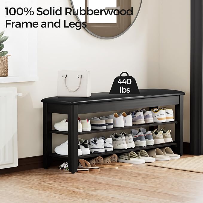 Homleke 39.4" Wide Solid Wood Shoe Rack Bench with Flip-Top Storage | 2-Tier Entryway Bench with Cushion, Adjustable Shelf, Holds Up to 10 Pairs, for Hallway, Bedroom and Closet, Black