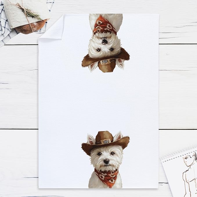 Cabana Bro West Highland White Terrier Gifts Kitchen Towels, Cowboy Westie Gifts Women Men Decorative Hand Towels for Bathroom, Funny Western Cowboy Westy Dish Tea Towels for Kitchen, 16x24 Inch