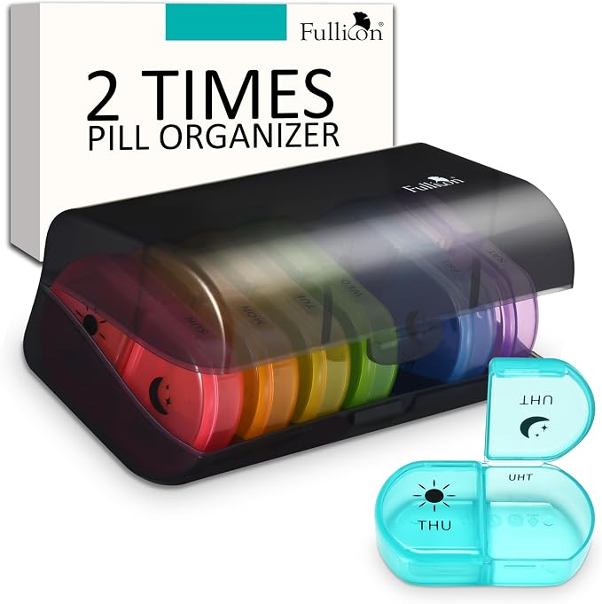 Fullicon Large Medicine Pill Organizer 2 Times a Day, AM PM 7 Day Travel | Each Compartment Holds 6 Fish Oils or 10 Vitamins, One Finger Open Lid, Double Secure Lock, Sturdy Hinges, Black Rainbow