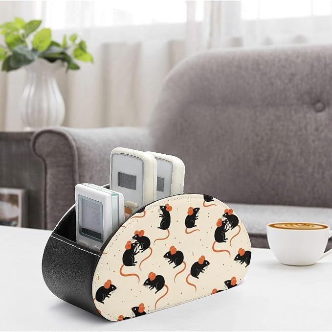 Remote Control Holder Cute Rat 5-Slot Office Storage Caddy Box | Makeup Brush Organizer, Pu Leather, Cute Rat Desktop Accessory for TV Remotes Media Player