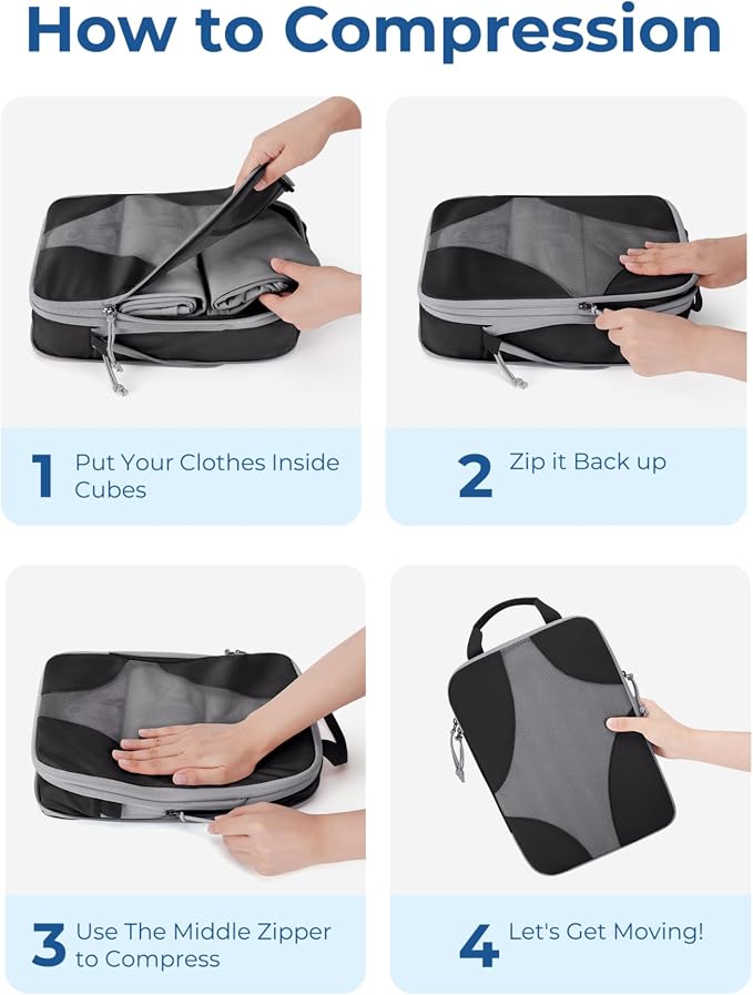 Bagsmart Compression Packing Cubes, Travel Bag Cruise Ship Essentials | Lightweight, Compressible Suitcase Organizer Set fit Standard Carry-On & Checked Luggage, 6 Set, 14 Set Washable Packing Bags