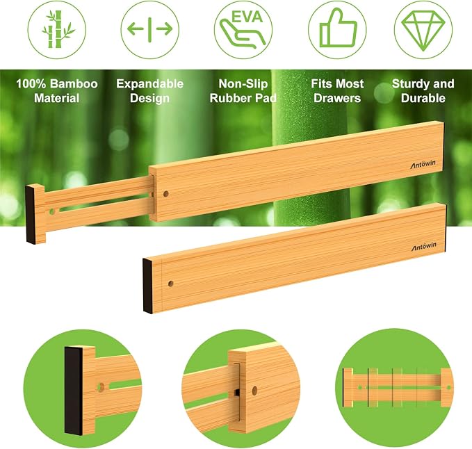 Bamboo Drawer Dividers, Expandable Drawer Separators Splitter, 17-22 inches Adjustable Spring-loaded Organizer for Large Utensil, Clothes, Tools Drawers, 6 Pack Dividers + 4 Pack Baffle