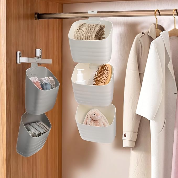 Noamus 6 Pack Plastic Hanging Basket for Kitchen, Over Cabinet Door Organizer with Removable Hook, Stackable Wall Mounted Storage Shower Caddy, No Drilling Shelf Bins for Food Bathroom Pantry Closet