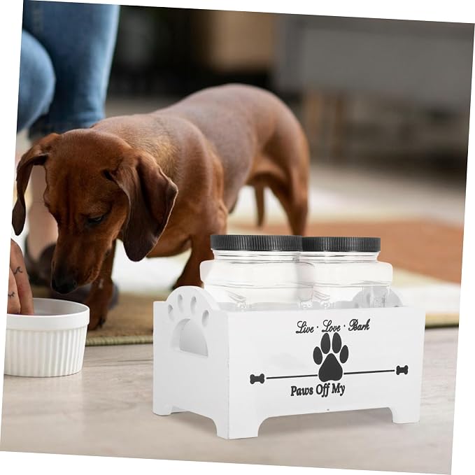 GANAZONO Wooden Dog Food Storage Box with 2 Airtight Canisters Pet Treat Organizer Stand Home Snack Crate for Dogs Sturdy Sealed Food Container for Kitchen Use