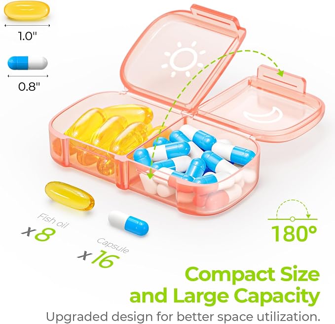 AUVON Weekly Pill Organizer 2 Times a Day, One-Sided Opening, Easy to Use | AM PM Pill Case, XL Pill Box 7 Day, Travel Medication Organizer for Medication, Vitamins, Fish Oils, Supplements, Peach Pink