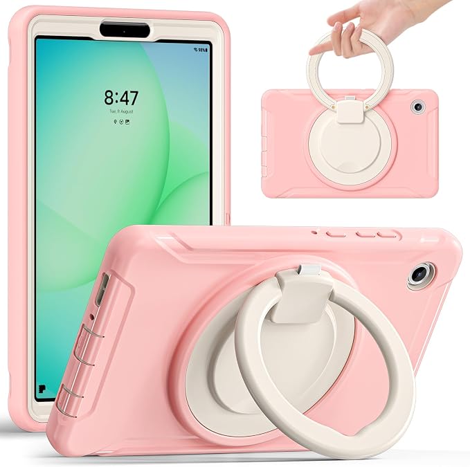 Heavy Duty Shockproof Case for Samsung Galaxy Tab A11 8.7 Inch 2025 (Model: SM-X133/X135/X135F) - with 360° Rotating Stand Handle, Built-in Screen Protector,Kid-Friendly Protective Cover (Pink)