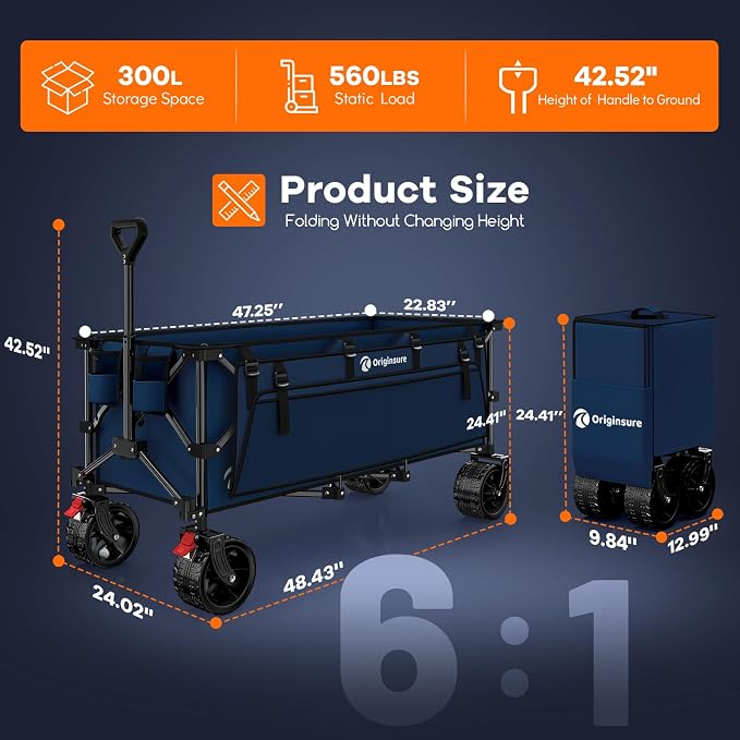 Originsure 300L Beach Wagons Carts Foldable with Big Wheels, 560lbs, Blue | 48" Folding Utility Wagon,7" All-Terrain Wheels,Heavy Duty Frame,Compact&Space-Saving,for Camping,Sports,Grocery,Garden