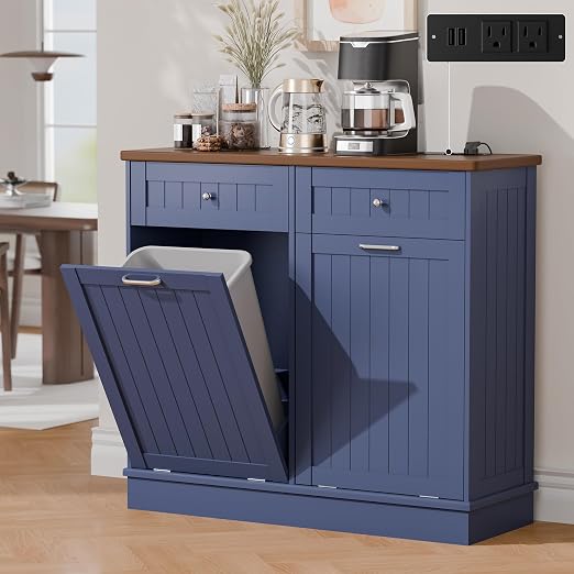 Betterhood Double Tilt Out Trash Cabinet with Power Outlet & USB, Hidden Garbage Can Holder with 2 Storage Drawers, Wooden Laundry Hamper for Kitchen, Bathroom, Living Room, Blue